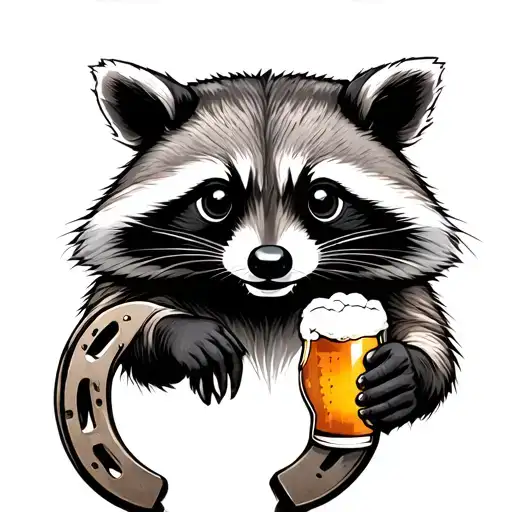 Raccoon Holding A Horseshoe And Beer