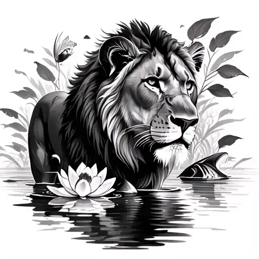 Lioness Walking In Water With Fish And Lotus Flowers