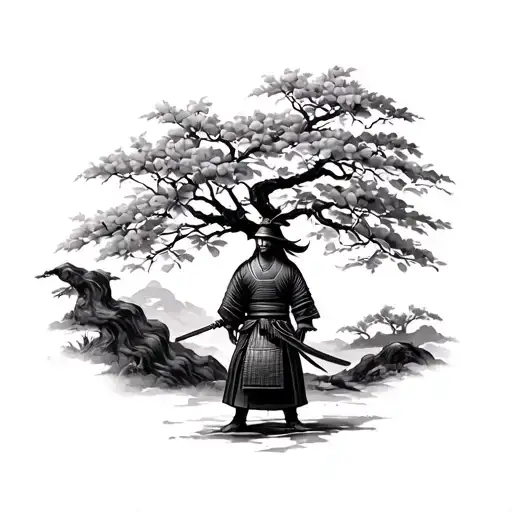 Samurai Standing Under A Peach Tree