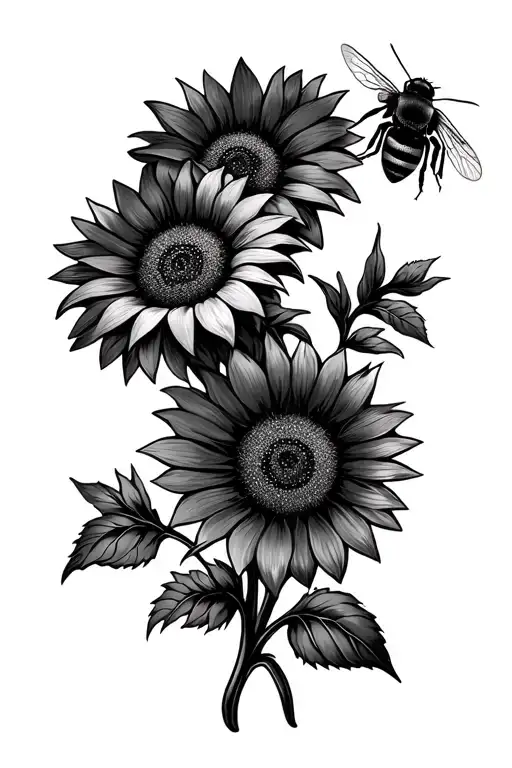 Sun Flowers With Two Huney Bees Pollinating