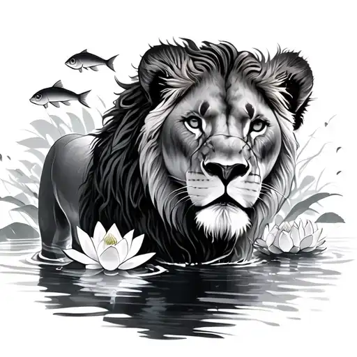 Lioness Walking In Water With Fish And Lotus Flowers