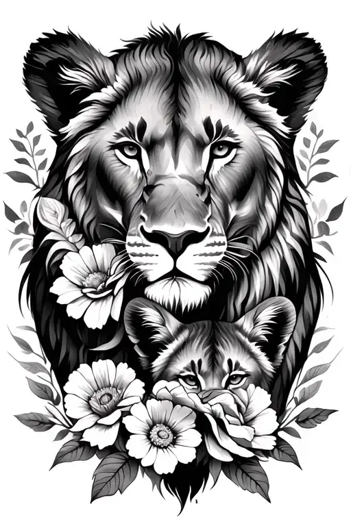 Lioness And Cub With Flowers Intertwined