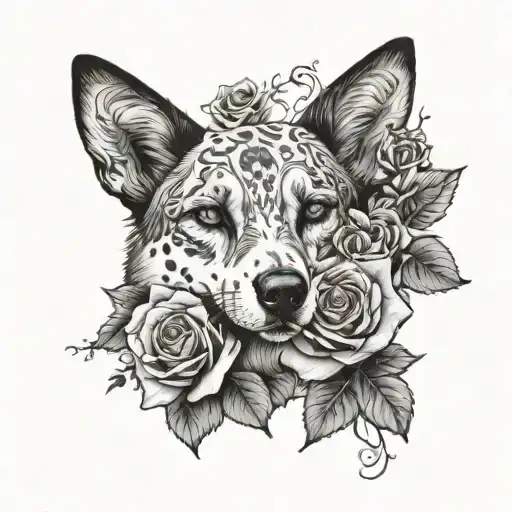 Blue Healer With Roses Blooming