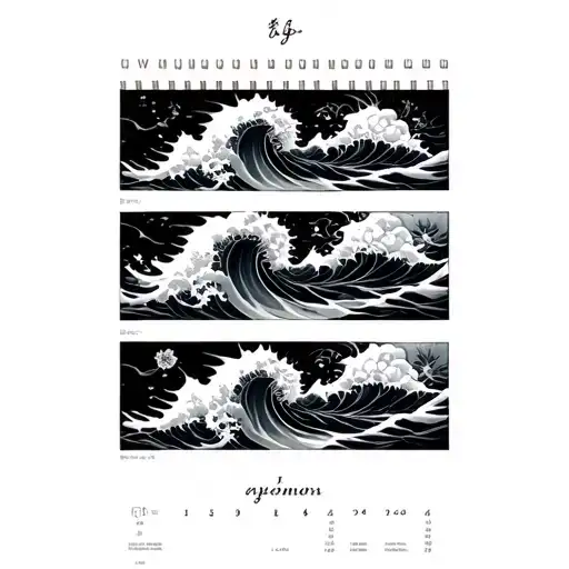 Two Calendar Pages With Names And Dates Surroundes By Japanese Style Waves
