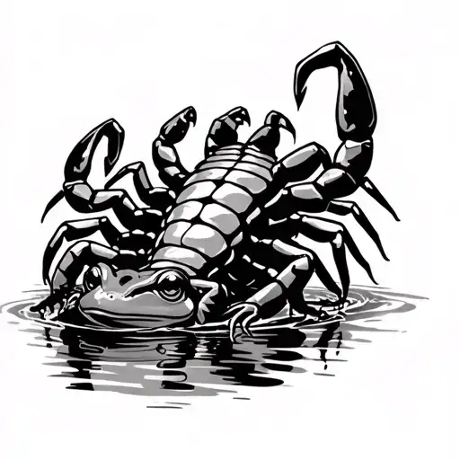 Scorpion Riding A Frog Crossing The River Flowing