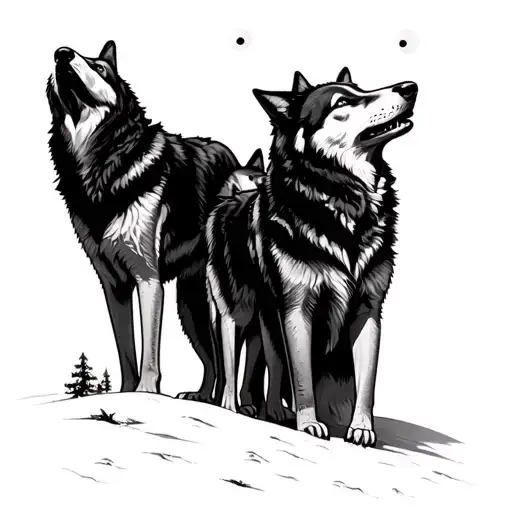 Family Of Three Males And Two Females Wolves Howling At The Moon