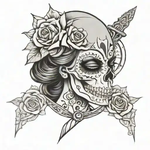 Day Of Dead Woman Crying With Flower A Dagger And Sugar Skull And Clock
