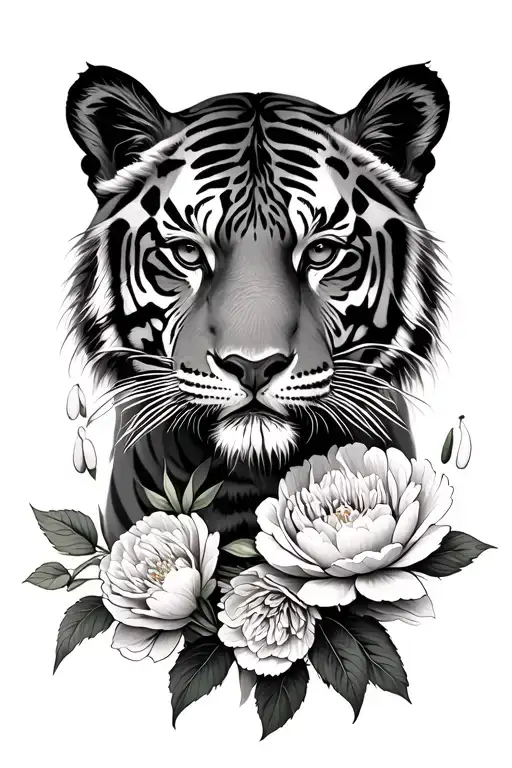 Tiger And Cub With Peony's And Snowdrops