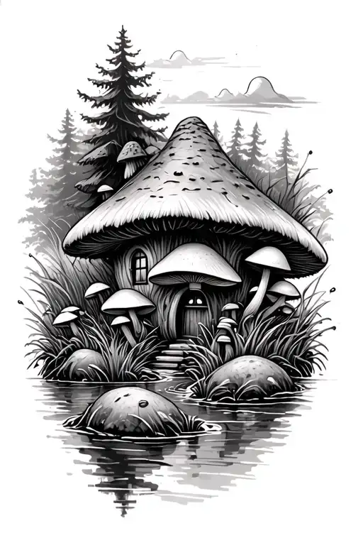 Mushrooms In Forest With Stream And Grass Roof Magical Hut