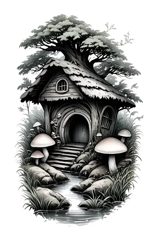 Mushrooms In Forest With Stream And Grass Roof Magical Hut With Tree Growing From The Roof