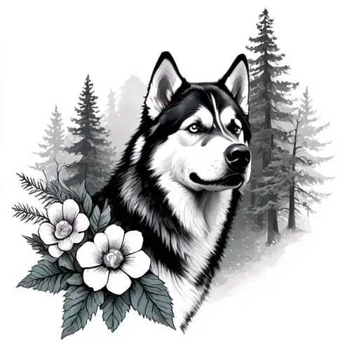 Husky And Forest With Flowers