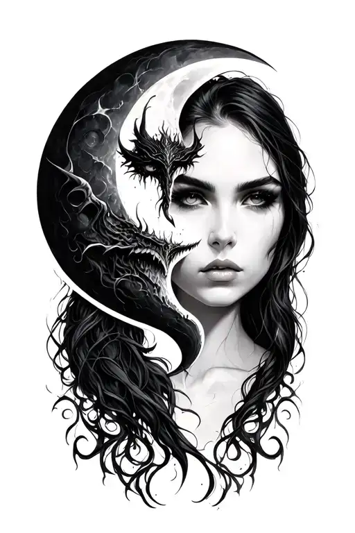 Female Half Demon Half Moon Merging Together