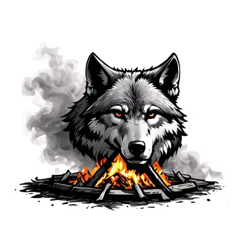 Firepit In The Forst With Wolf Head On Top In The Smoke