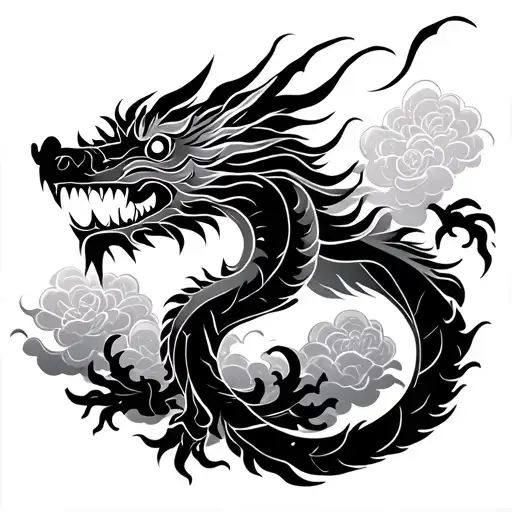Stencil Blackout Japanese Dragon And Clouds With Lighting And Floral