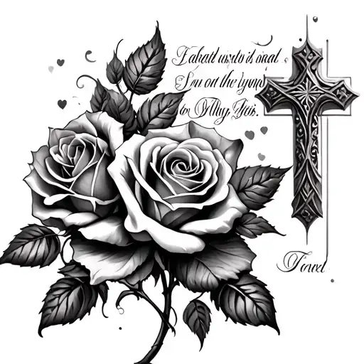 Roses With A Long Scripture And Cross On Right Side Of Chest