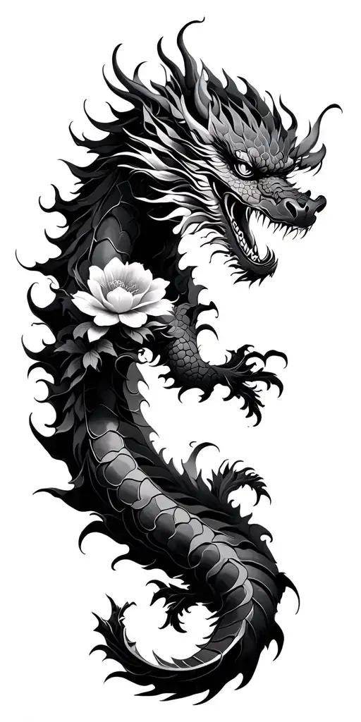 Negative Space Japanese Dragon And Flower Shaded