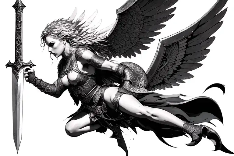 Valkyrie Midair Attack Pose With Sword And Shield