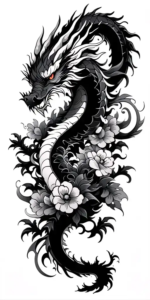 Negative Space Japanese Dragon With Floral Background And Cloud Filled Swirls