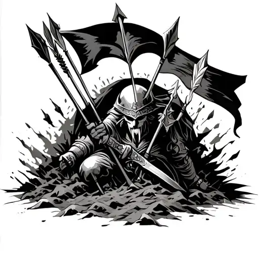 Battlefiel With Arrows And A War Banner Sticking Out The Ground