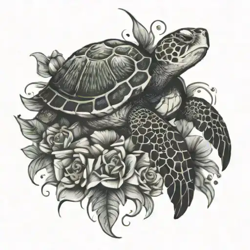 Green Turtle And Flowers Intertwined