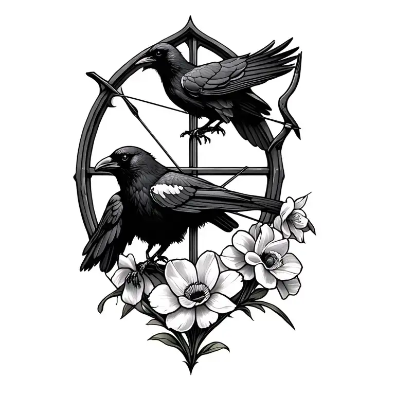 Gothic Window With A Raven Perched On A Bow And Arrow With Narcissus And Poppy Flowers