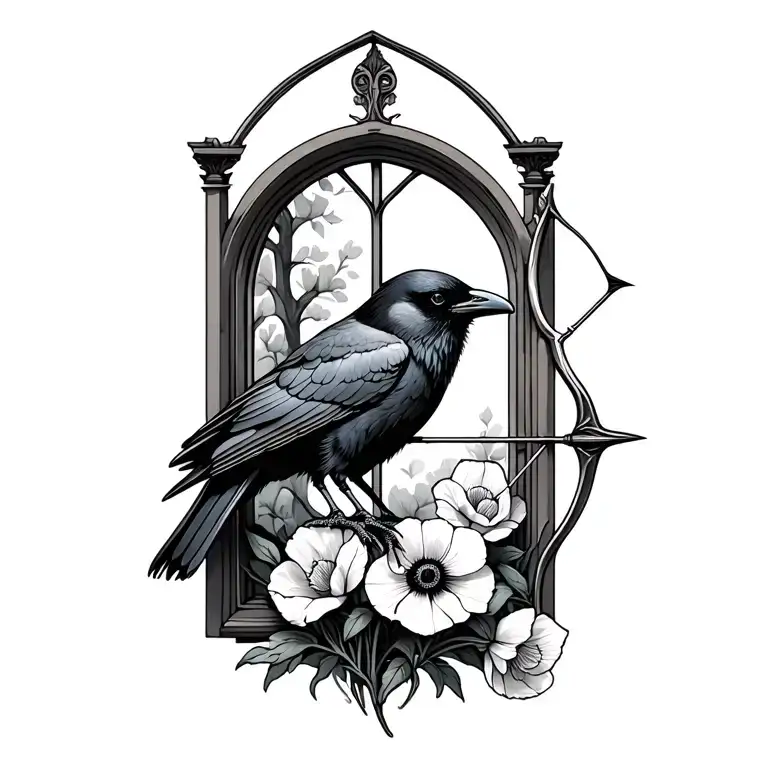 Gothic Window With A Raven Perched On A Bow And Arrow With Narcissus And Poppy Flowers