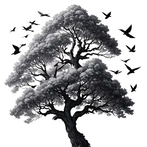 Living Tree With Birds Flying Together