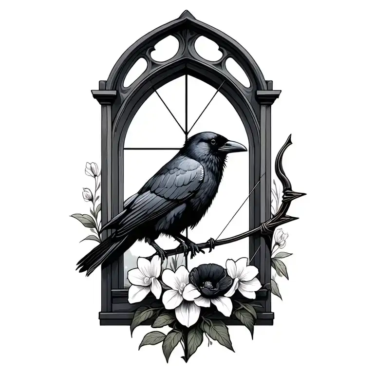 Gothic Window With A Raven Perched On A Bow And Arrow With Narcissus And Poppy Flowers