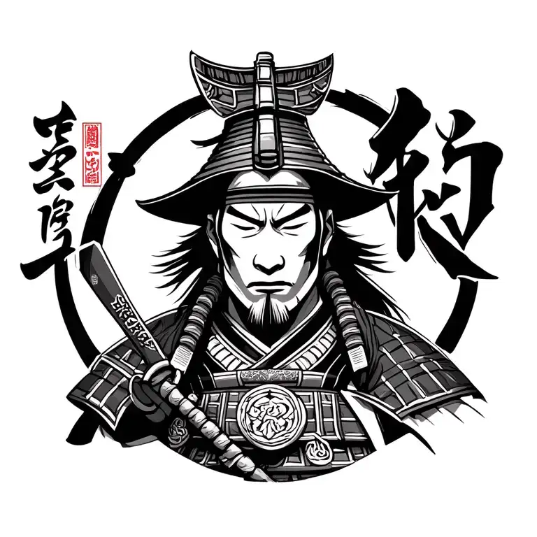 Japanese Samurai Warrior With A Japanese Tower And Japanese Symbol Of Libra With Namoro Word