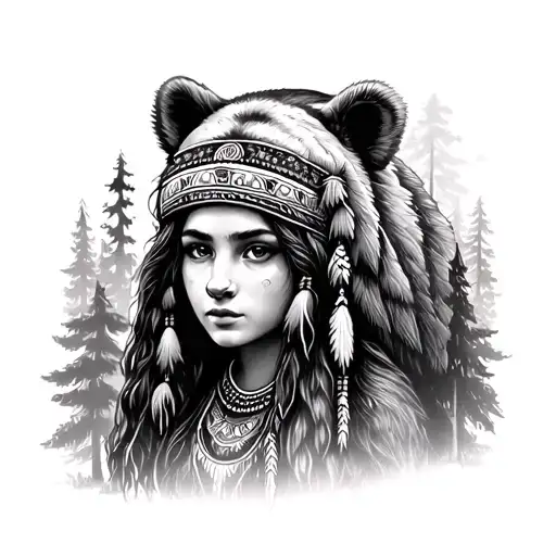 Arm Sleeve Tattoo Of Forest With Native Girl With Bear Head