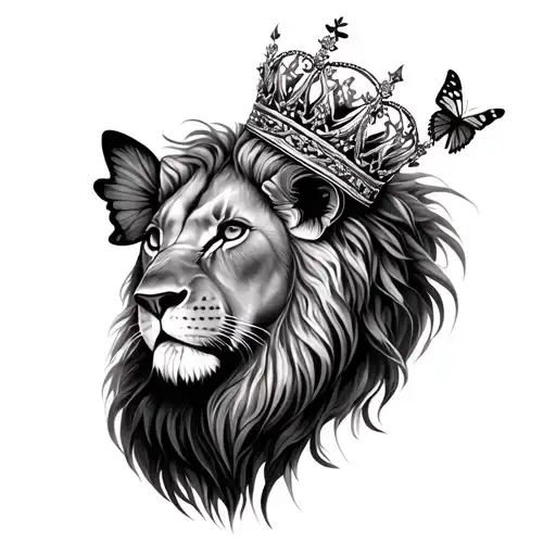 Female Lion In The Jungle With A Crown And Butterfly
