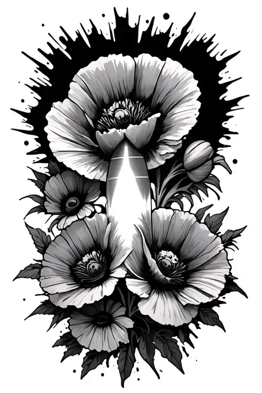 Poppy's With A Rocket In The Middle Of Th Flowers And Straight Line Explosion Effect