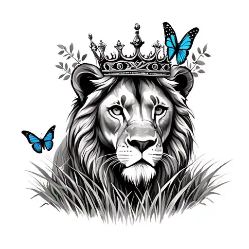 Female Lion In The Jungle In The Grass With A Crown And Butterfly