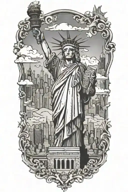 Nyc Skyline With Statue Of Liberty Face Gotham Inspired
