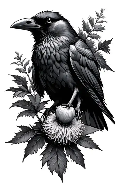 Raven Perched Grasping A Thistle