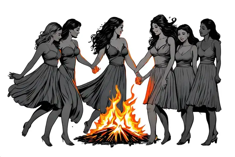 6 Women Dancing Around A Bonfire Holding Hands Holding