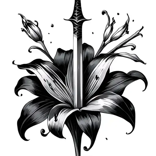 Black Lily With Curved Dagger Minimalist Tattoo Design