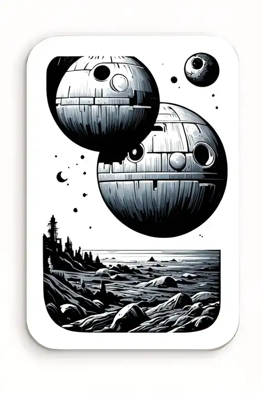 Rectangle Frame Wood Carving Depicting Death Star On The Horizon