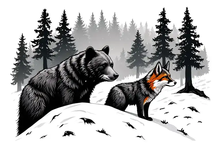 Bear And Fox In Forest Trees Looking