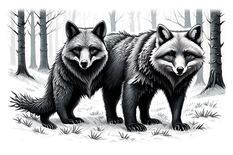 Bear And Fox In Forest Trees Looking