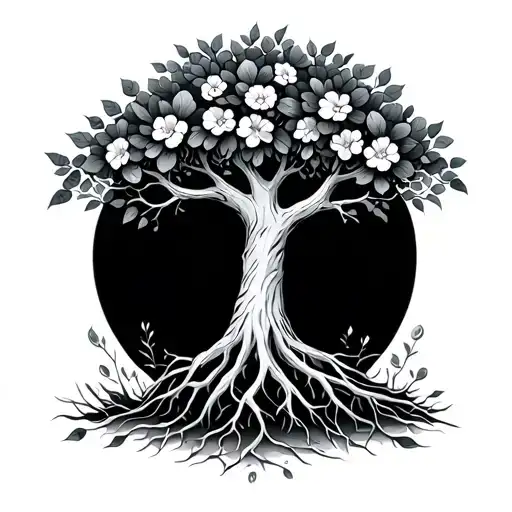 Round Tree Design With Flowers And Roots Turning