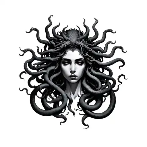 Medusa With 13 Snakes Connected To A Black Dragon