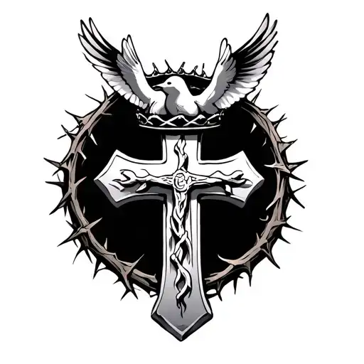 Cross With Crown Of Thorns And Dove Above It