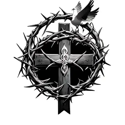 Cross With Crown Of Thorns Wrapped Around It And Dove Above It