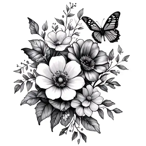 Thigh Tatto Flowers And Butterflies