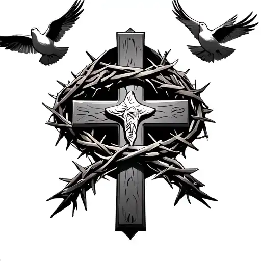 Cross With Crown Of Thorns Wrapped Around It And Doves Above It