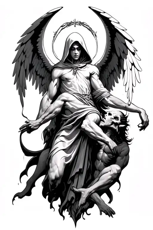 Hooded Arch Angel Defeating A Demon
