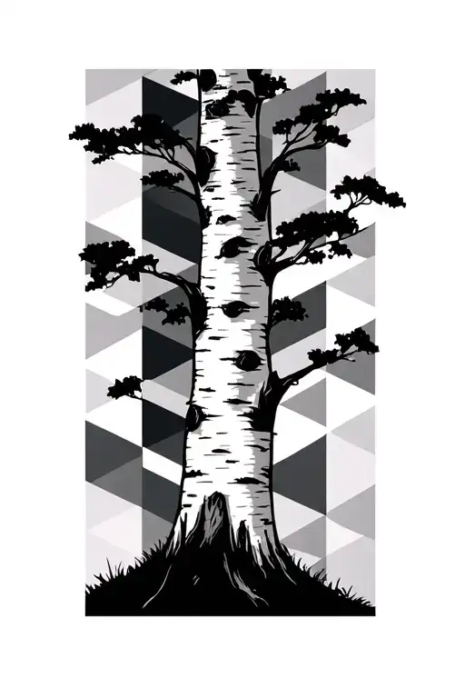 Birch Tree With Geometrical Background Black