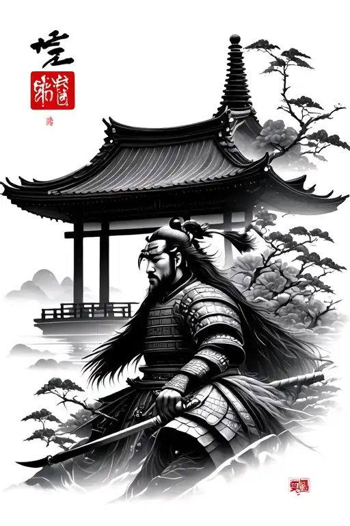 Samurai With Japanese Architecture And Vegetation