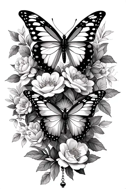 Several Butterfly With Flowers And A Rosary